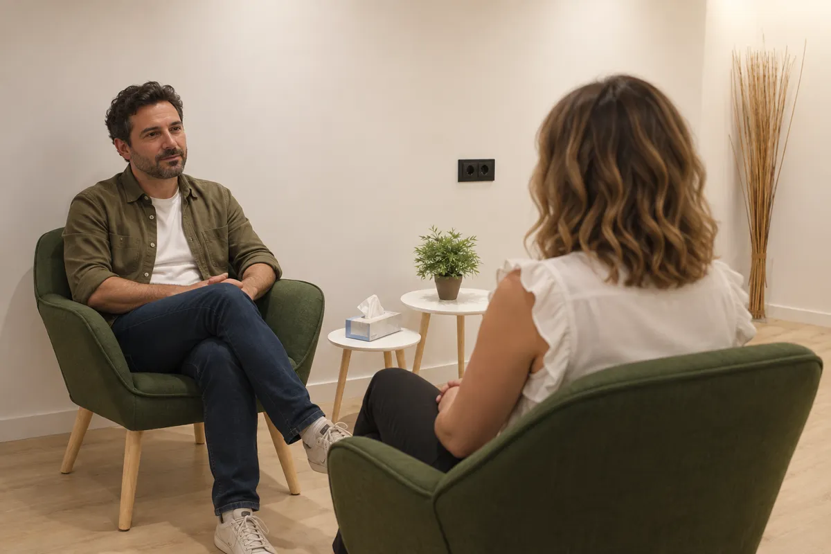Recreació d’una sessió de psicologia per a adults, amb la professional vista d’esquena.