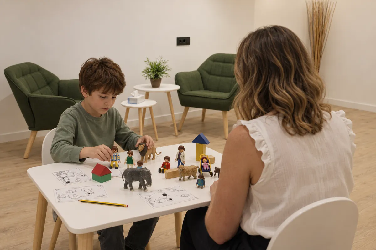 Recreació d’una sessió de psicologia infantil amb joc, amb la professional vista d’esquena.